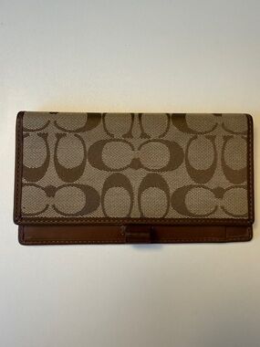 Coach Brown Signature Canvas checkbook sleeve with Leather Trim